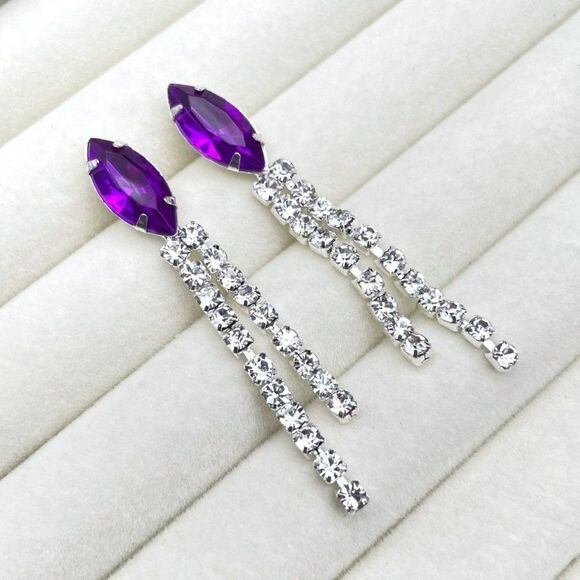Silver with Purple Amethyst and White Diamond Crystal Dangling Post Earrings - Picture 7 of 10